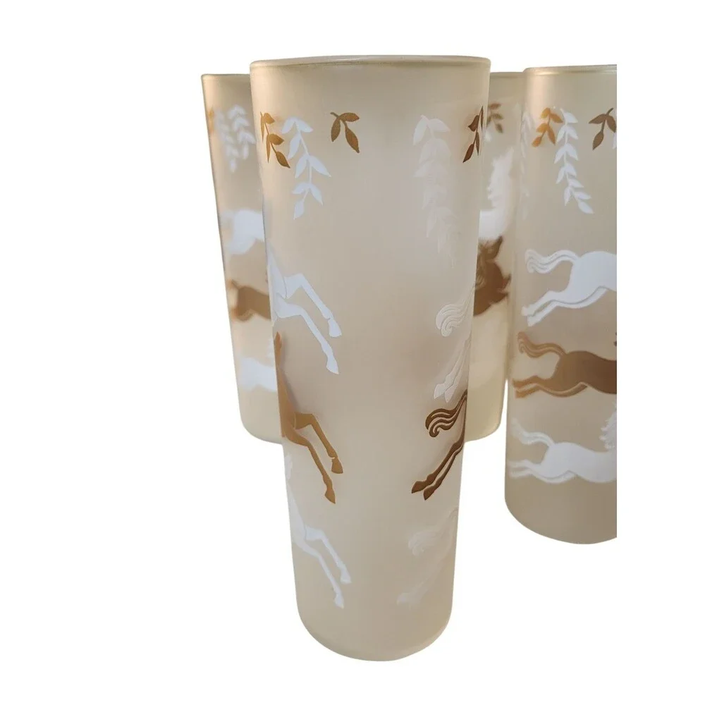 Vintage Libby 4 Tall Horses Leaping Frosted Glasses MCM Gold White 7